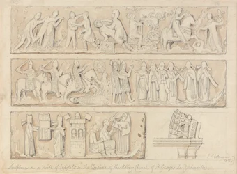 Sculpture sur une suite de chapiteaux dans les cloîtres de l